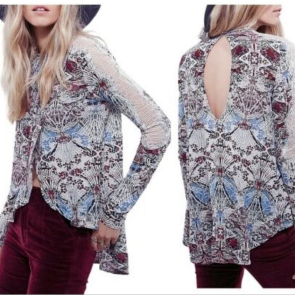 Free People Multicolor Printed Long Sleeve Tee - Blue, Brown, Cream